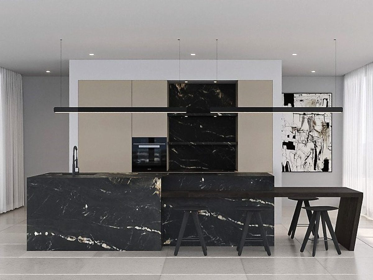 Kitchen rendering with marble island